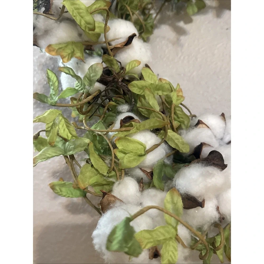 New Shabby Primitive Southern Farmhouse WHITE COTTON BOLL Green Leaves Wreath